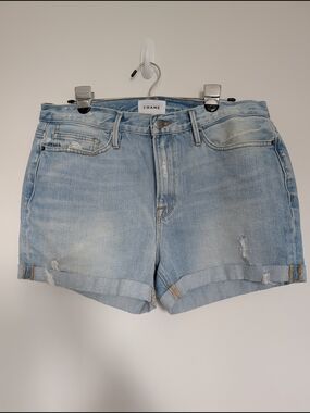 Frame Denim Light Wash Rolled Hem Distressed Jean Shorts